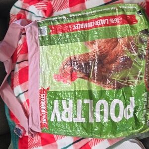 Handmade Recycled Poultry Feed Sack with a fabric strap